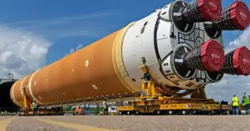 NASA Moves SLS Core Stage Rocket Onto Barge for Shipping to Florida