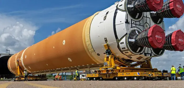 NASA Moves SLS Core Stage Rocket Onto Barge for Shipping to Florida