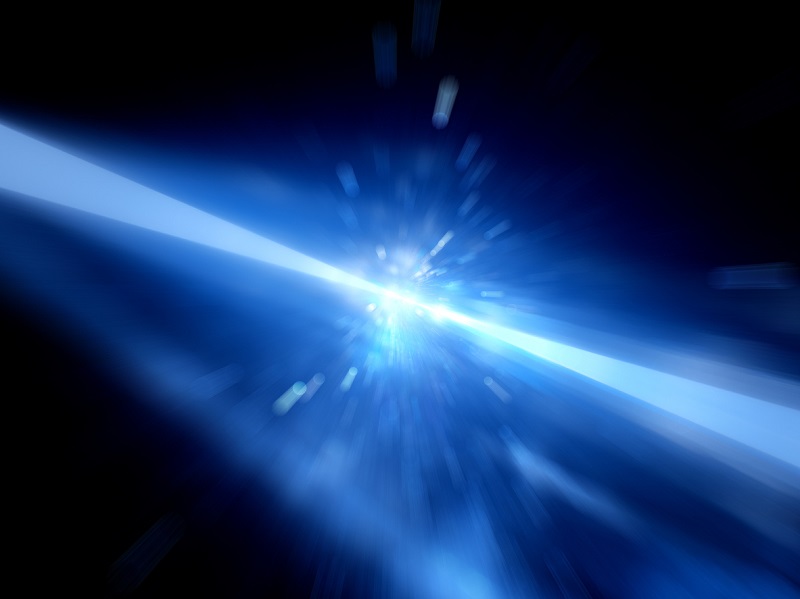 Blue glowing laser beams hitting the target, explosion, computer generated abstract background, 3D rendering